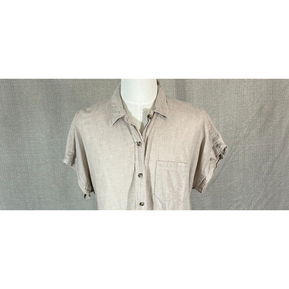 H&M Shirt Womens Large Beige Linen Blend Button Up Short Sleeve Blouse - Picture 3 of 8